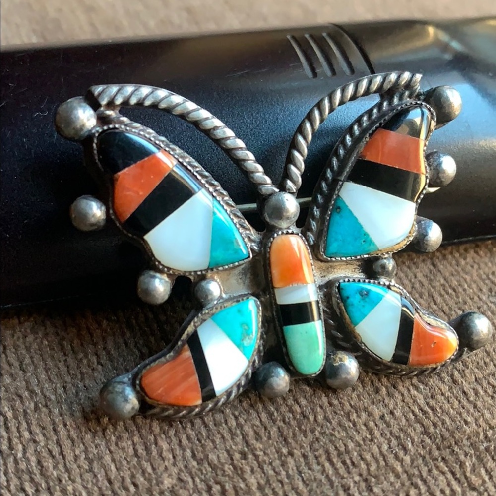 🌞Mid-Century Zuni Silver Inlay Butterfly Pin! - Picture 6 of 8